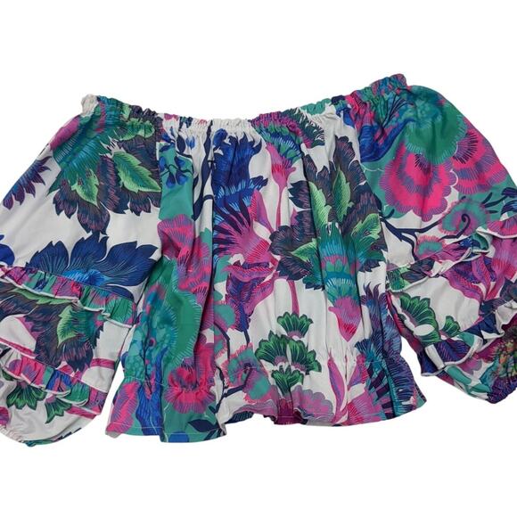Rachel Zoe Top Womens Small‎ Blue Pink Green Floral Off Shoulder Blouse - Picture 1 of 6